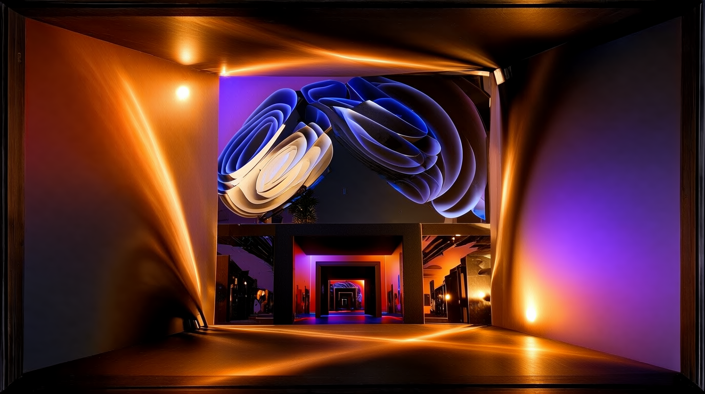 3D frame illuminated by golden spotlights